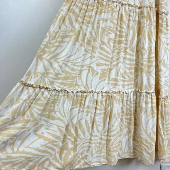 Patrons Of Peace Dress Size M Maxi Ruffle Tier Tie Neck Off Shoulder Tan White - Picture 7 of 13